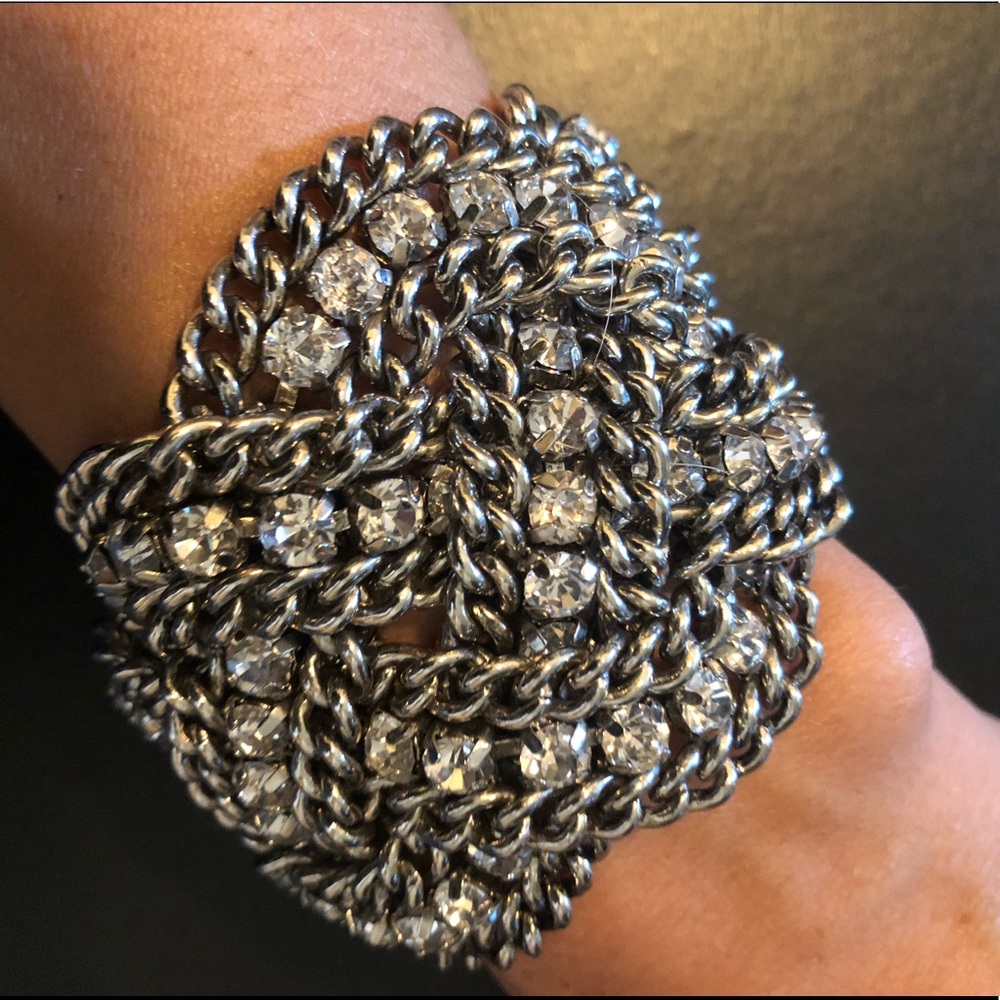 Wide silver chain and rhinestone bracelet